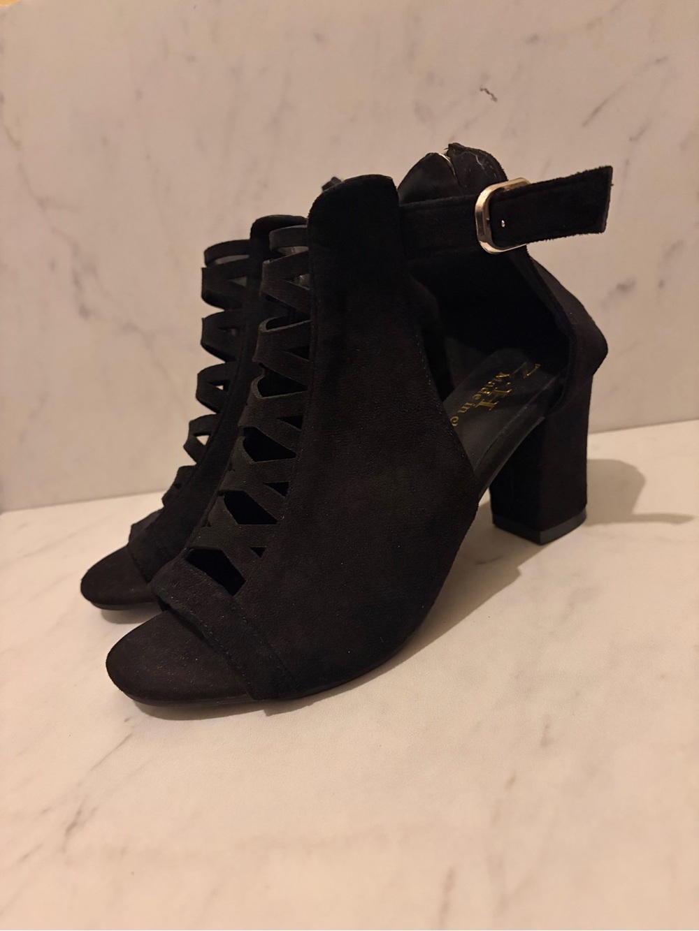 Black Suede Cutout Block Heel Sandals